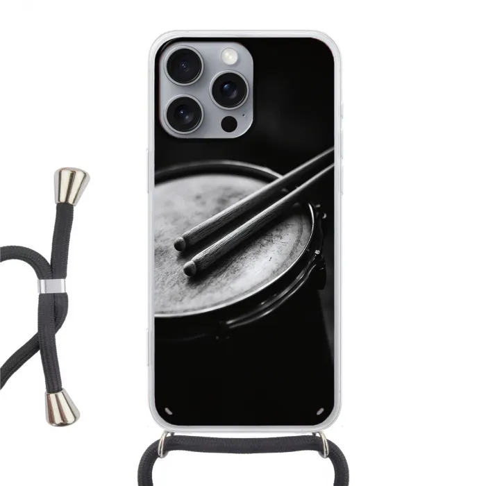 Trommel - Close-up - Drumstokken - Zwart Hoesje iPhone 16 Pro Max met koord klein -3d