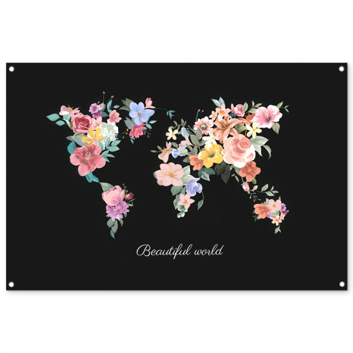 Wereldkaart - Bloemen - Pastelkleuren tuinposter los doek groot -3d