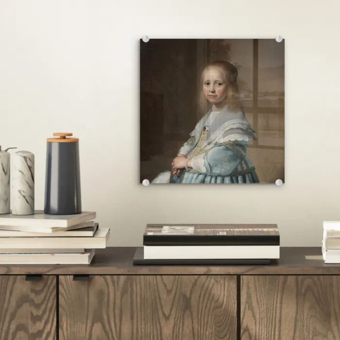 Portret van een meisje in het blauw - Schilderij van Johannes Cornelisz. Verspronck plexiglas 5mm klein -sfeer1