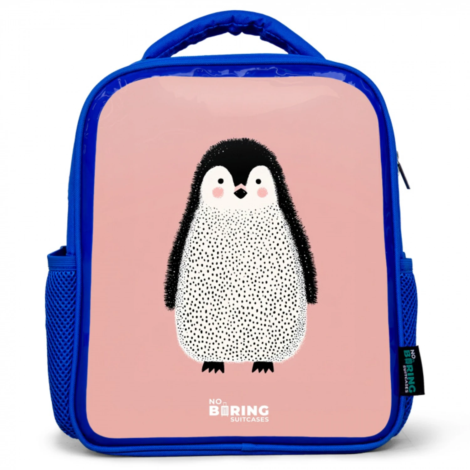 Pinguïn - Stippen - Roze - Minimalistisch Kinderrugzak - Blauw middel -3d