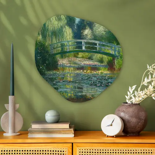 Brug - Hout - Vijver - Waterlelies Wandcirkel Organisch Plexiglas middel -sfeer2