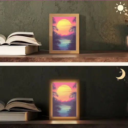 Zon - Geel - Palmbomen - Tropisch Light Box met kabel (Tafellamp) klein -sfeer3