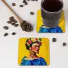 Frida Kahlo - Vrouw - Geel - Blauw - Bloemen onderzetter kurk middel -sfeer2