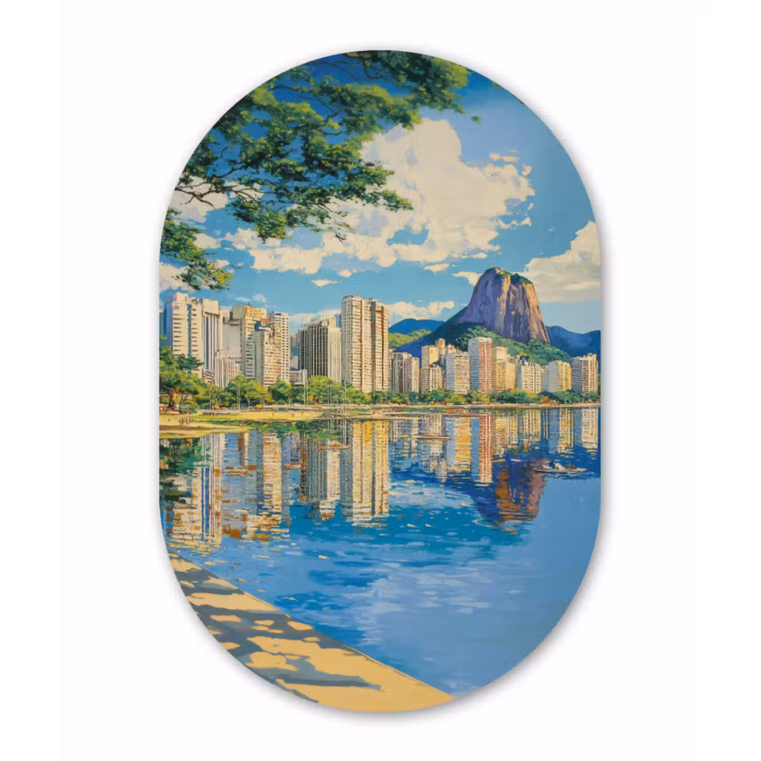 Glasbild Oval - Berg - Skyline - Strand - Wasser