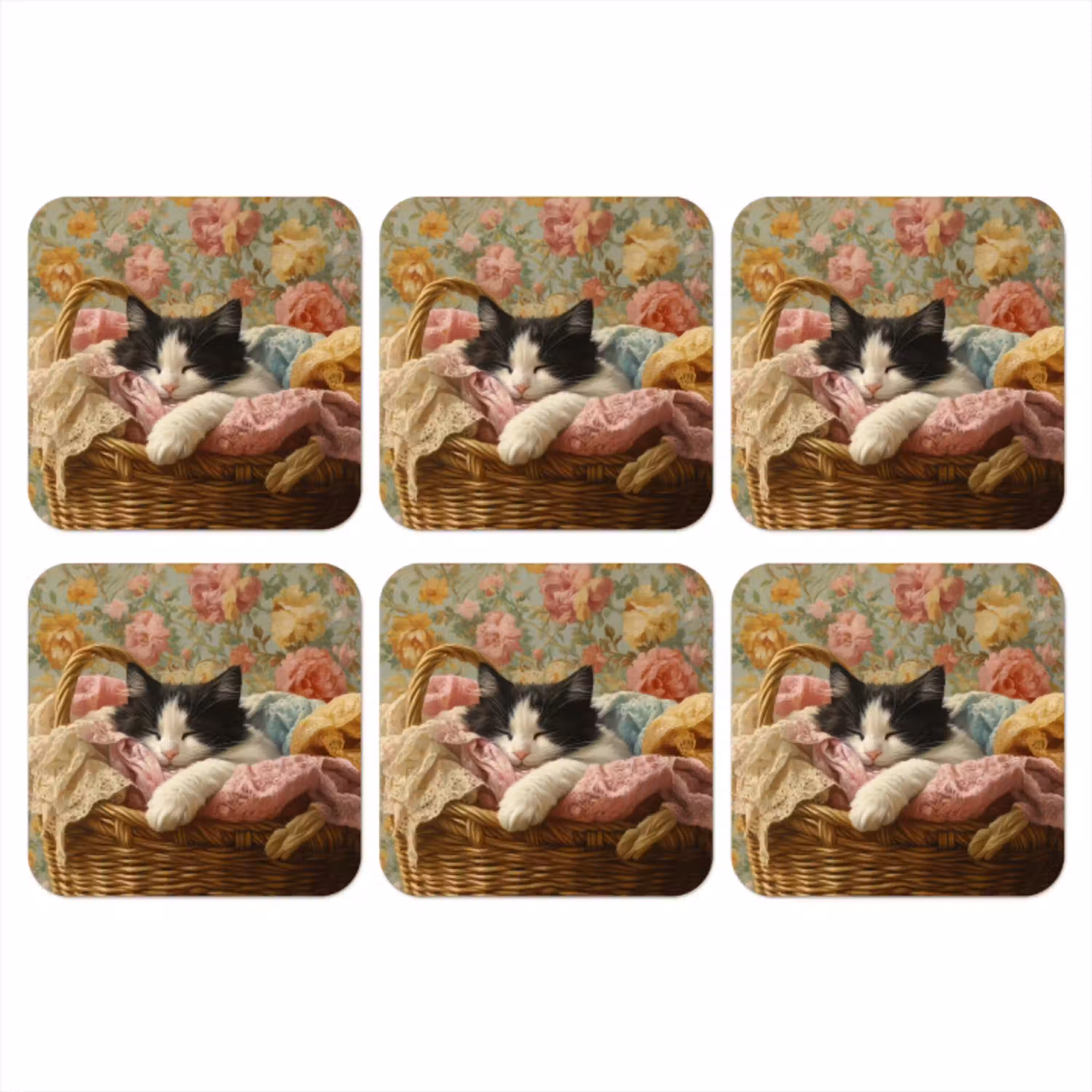 Kat - Bloemenprint - Rieten mand onderzetter kurk middel -3d