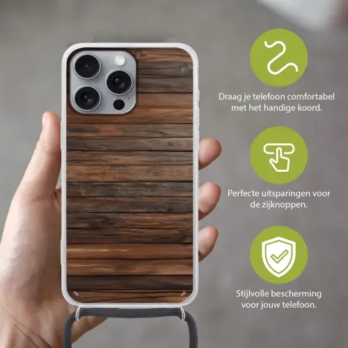 Houten plankpatroon - Warmte - Natuurlijk Hoesje iPhone 16 Pro Max met koord klein -sfeer2_NL