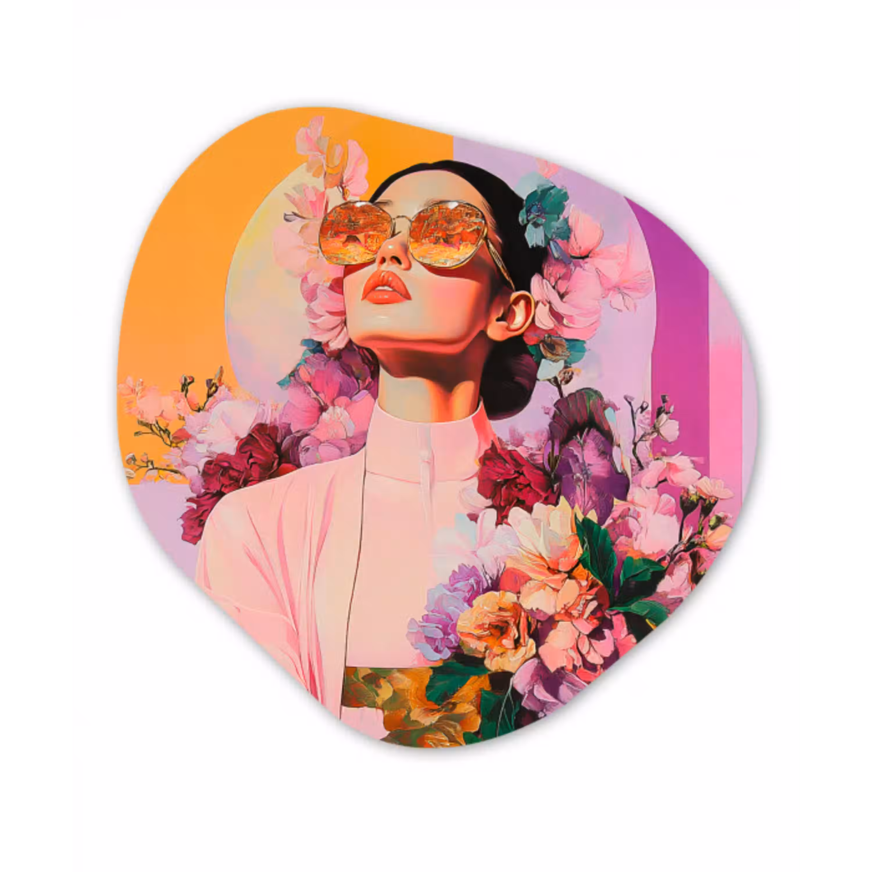 Portret - Vrouw - Abstract - Bloemen Wandcirkel Organisch Aluminium middel -3d
