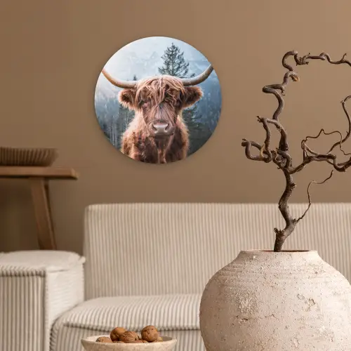 Schotse hooglander - Koe - Dieren - Berg - Natuur Wandcirkel kunststof plaat 5mm dik klein -sfeer1