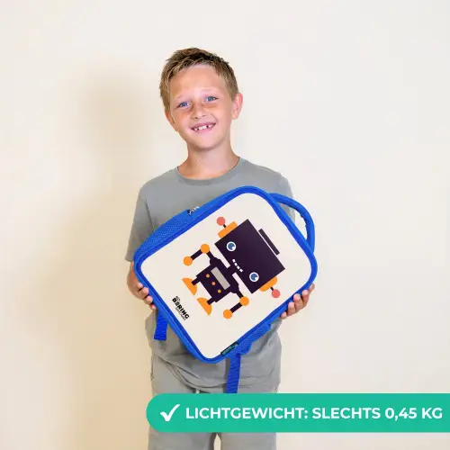 Zwarte robot met oranje accenten Kinderrugzak - Blauw middel -sfeer1_NL