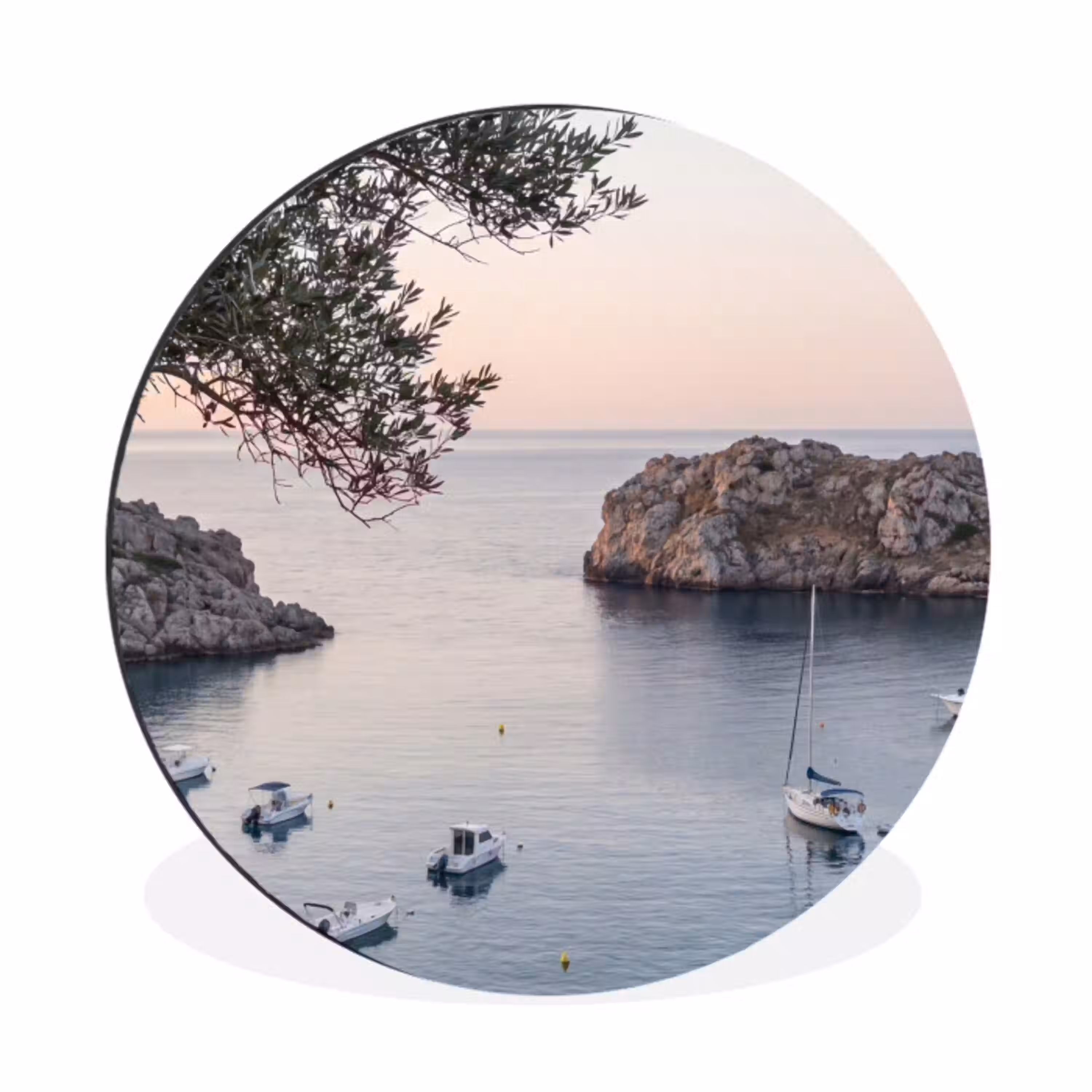 Baai - boten - zonsondergang Wandcirkel aluminium klein -3d