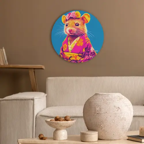Muis - Kimono - Bloemen - Blauw Akoestische PET Vilt - Rond klein -sfeer1