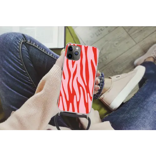 Zebraprint - Roze - Rood - Dierenprint Hoesje iPhone 12 Pro met koord klein -hand