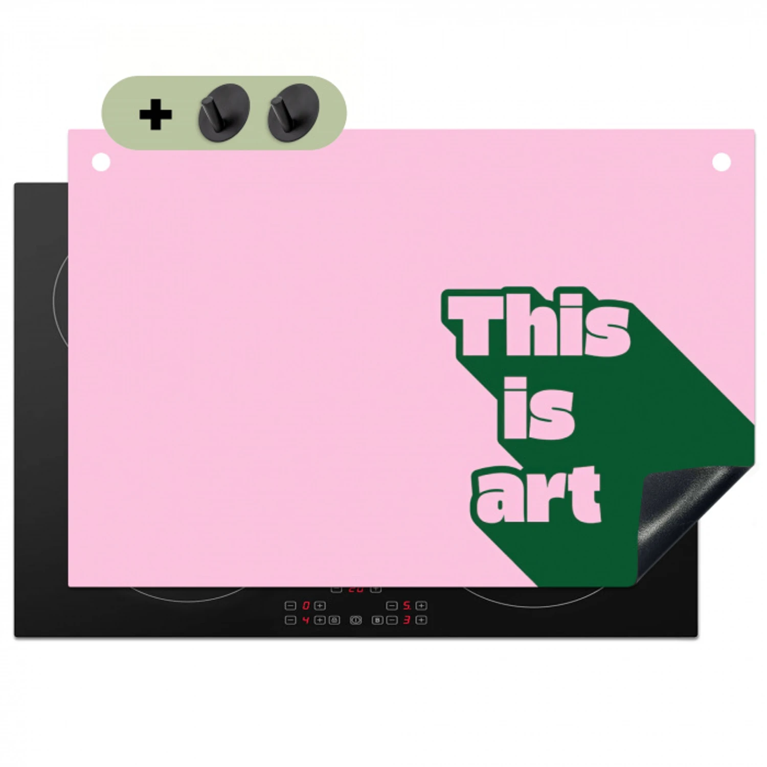 Groen - Teskt - This is art - Roze Inductie beschemer met haakjes klein -3d