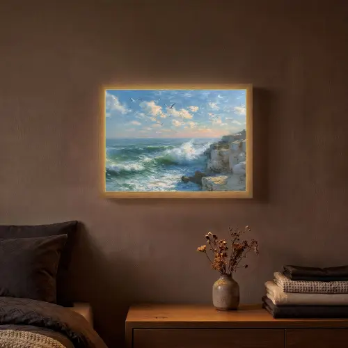 Zee - Golven - Rotsen - Meeuwen Light Box met batterij (Wandlamp) middel -sfeer4