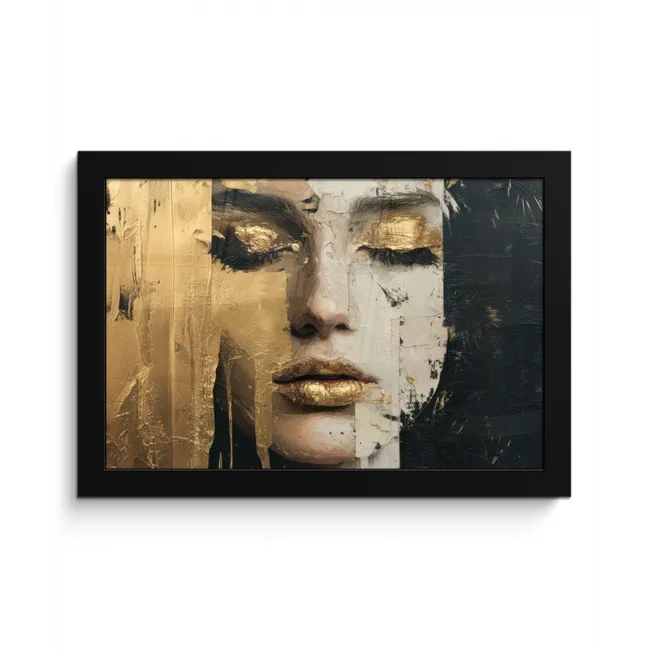 Abstract - Goud - Gezicht - Lippen fotolijst zwart zonder passe partout klein -3d