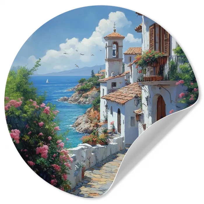 Huizen - Zee - Bomen - Bloemen Wandcirkel behangsticker klein -3d