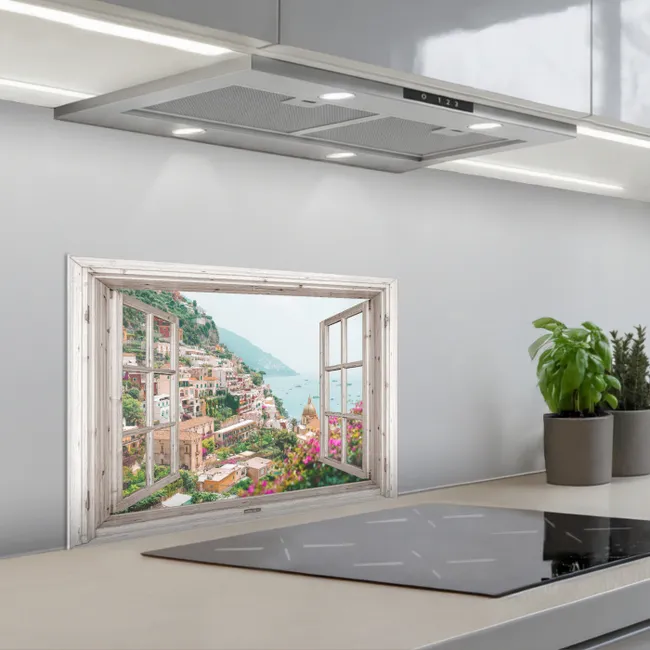 Doorkijk - Italië - Bloemen - Zee - Kust - Stad - Bergen keuken achterwand spatscherm klein -3d_schuin
