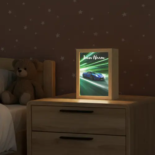 Race auto - Blauw - Groen Light Box met kabel (Kinderlampje) klein -sfeer1_kind