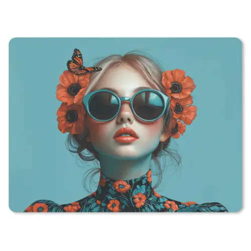 Vrouw - Blauw - Vlinder - Bloemen - Aesthetic muismat rubber klein -3d