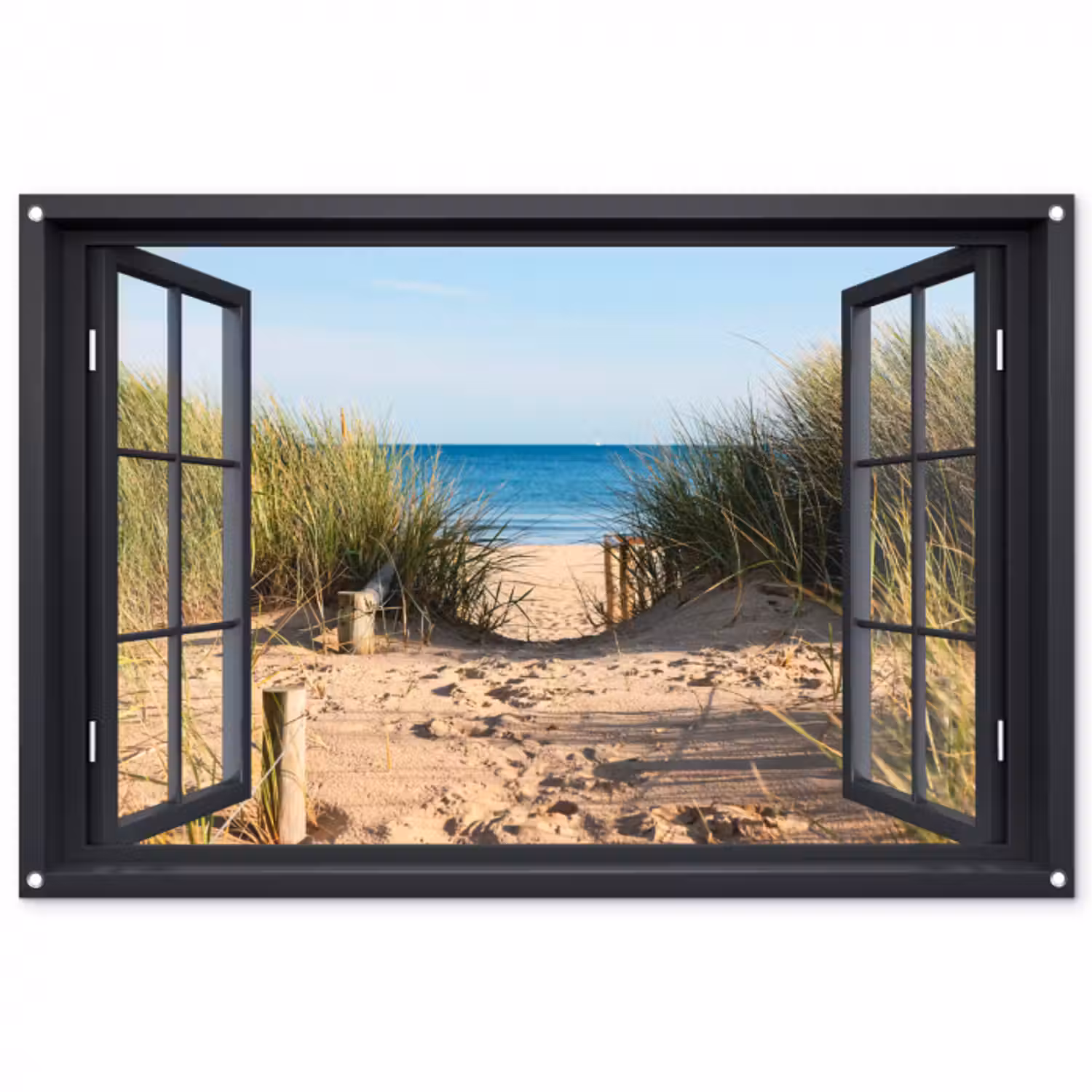 Tuinposter - Doorkijk - Strand - Zee - Zand - Water - Helmgras - Duinen