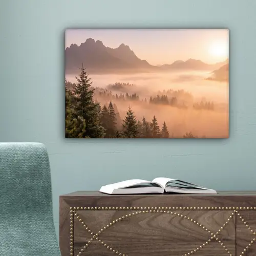 Zonlicht - Mist - Bergen - Bomen canvas 2cm klein -sfeer4
