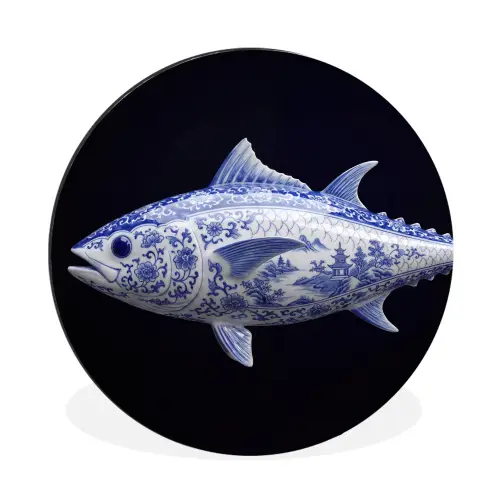 Porselein - Tonijn - Delfts - Blauw Wandcirkel aluminium klein -3d