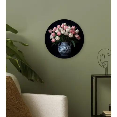 Bloemen - Roze - Tulpen - Vaas Wandcirkel kunststof plaat 5mm dik klein -sfeer3