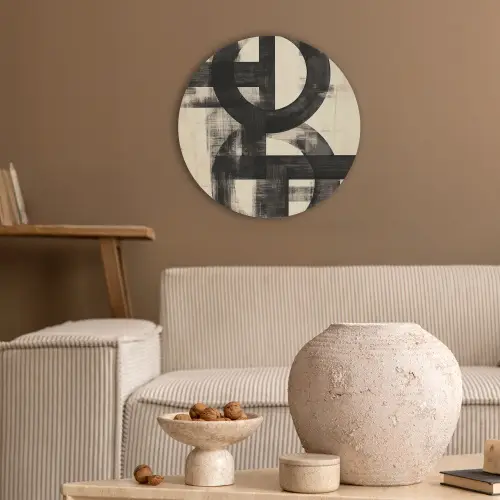 Cirkels - Balken - Zwart - Abstract Akoestische PET Vilt - Rond klein -sfeer1