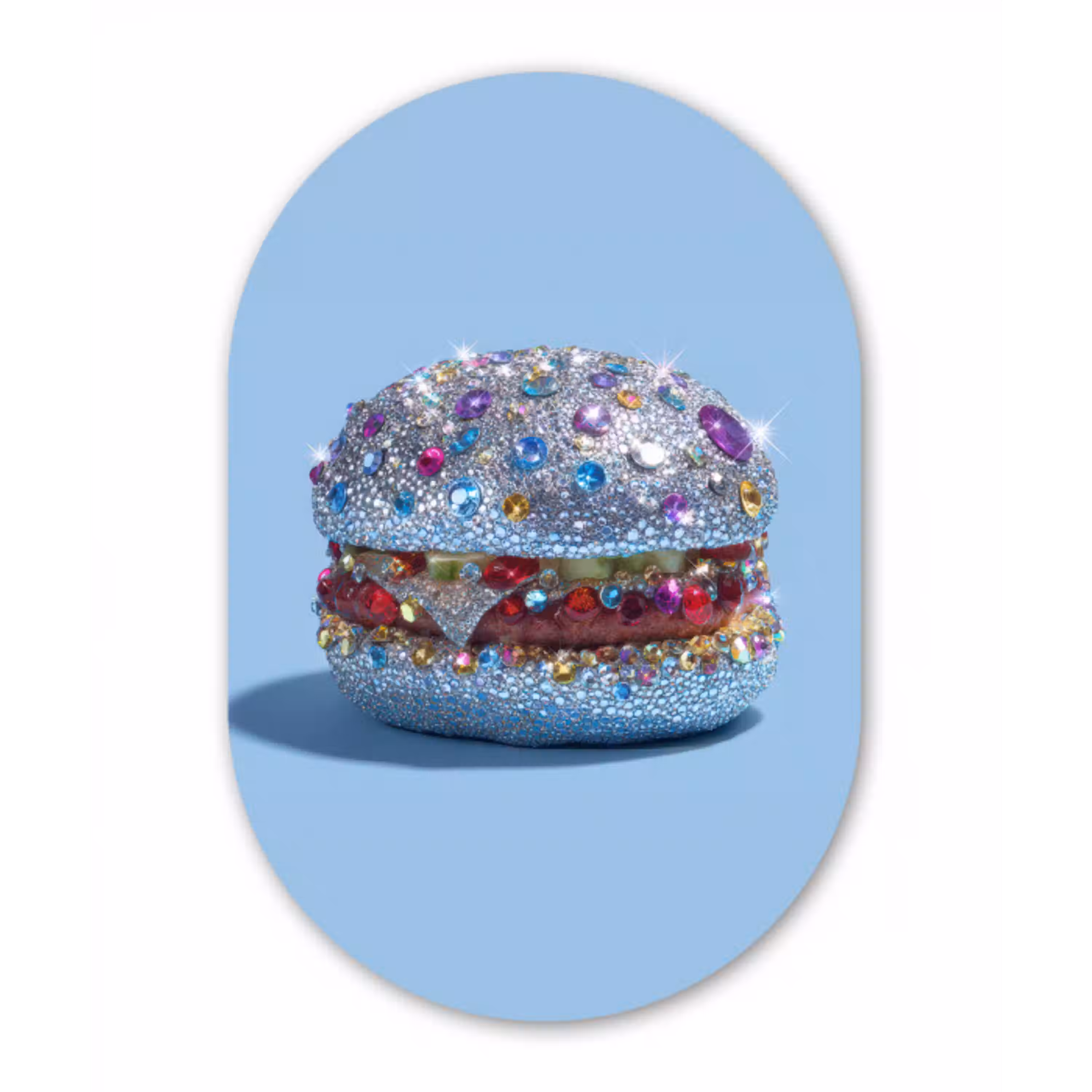 Glitters - Hamburger - Blauw Wandcirkel Ovaal Glas middel -3d