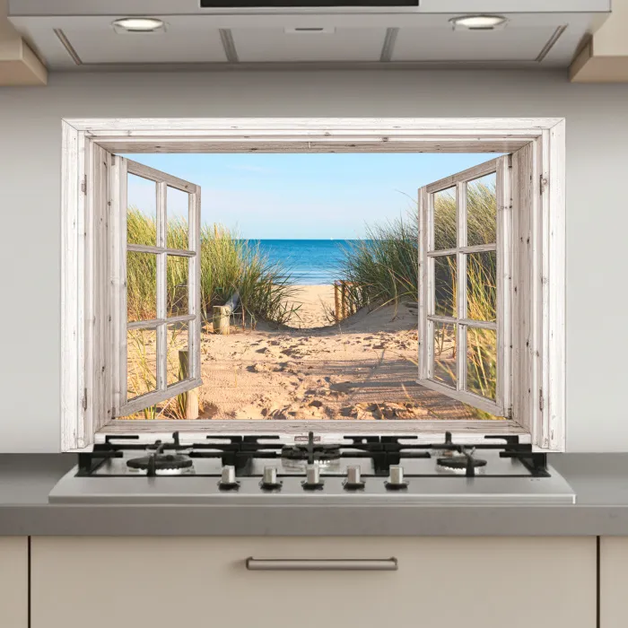Doorkijk - Strand - Zee - Duinen - Zand - Water - Helmgras keuken achterwand spatscherm klein -3d_website