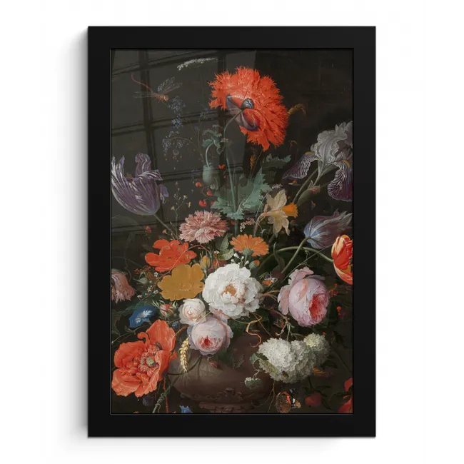 Stilleven met bloemen en een horloge - Schilderij van Abraham Mignon fotolijst zwart zonder passe partout klein -3d