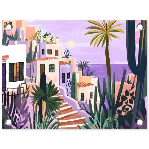 Huizen - Minimalistisch - Palmbomen - Kust tuinposter los doek klein -3d