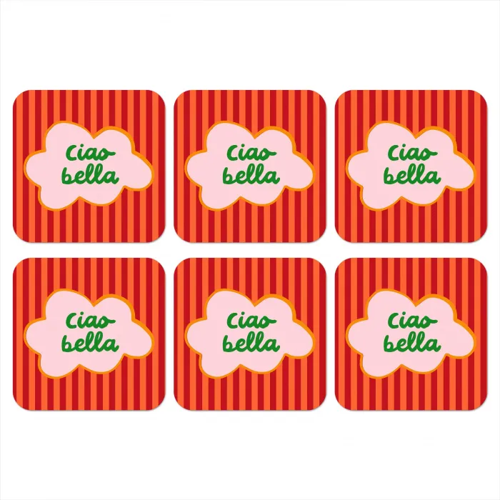 Ciao bella - Tekstwolk - Strepen - Oranje onderzetter kurk middel -3d