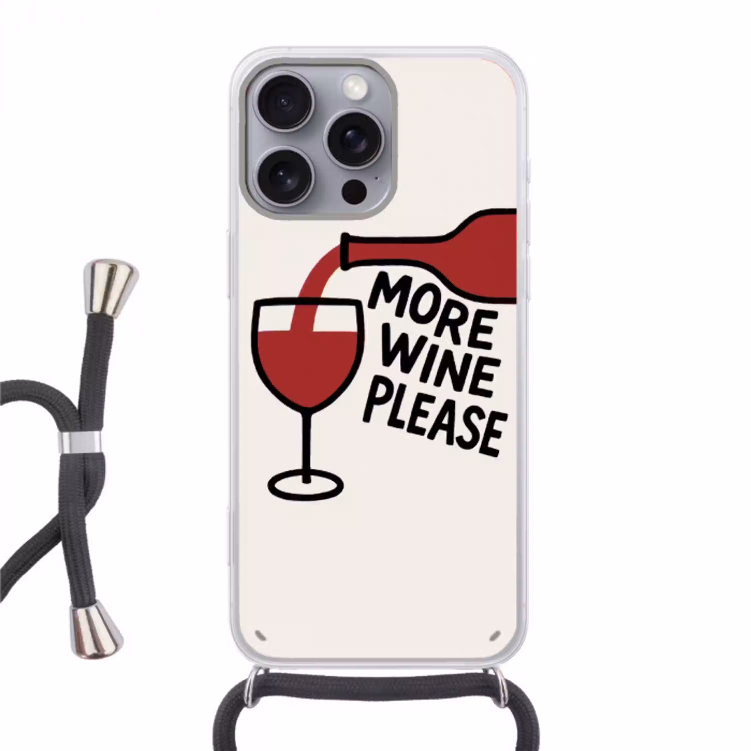 Wijnfles - Quote - Rood - Glas Hoesje iPhone 16 Pro Max met koord klein -3d
