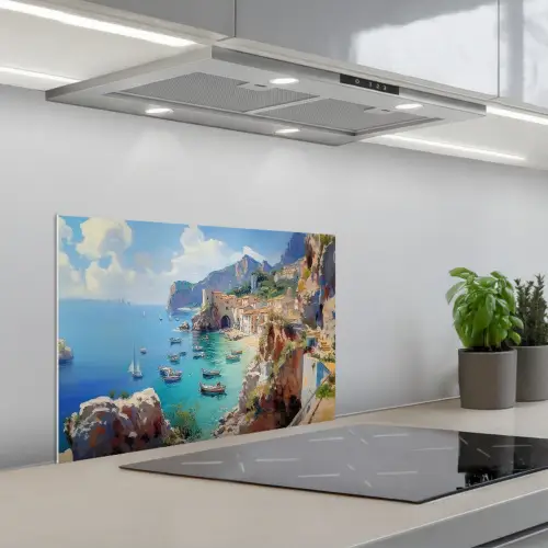 Kustdorp - Schilderij - Rotsen - Boten keuken achterwand spatscherm klein -3d_schuin