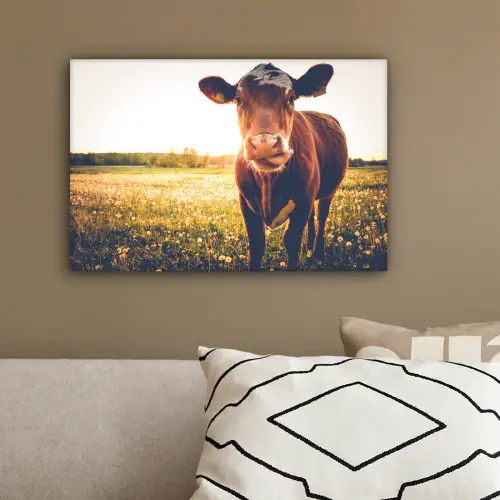 Koe - Zonsondergang - Bloemen - Gras - Dieren canvas 2cm klein -sfeer3