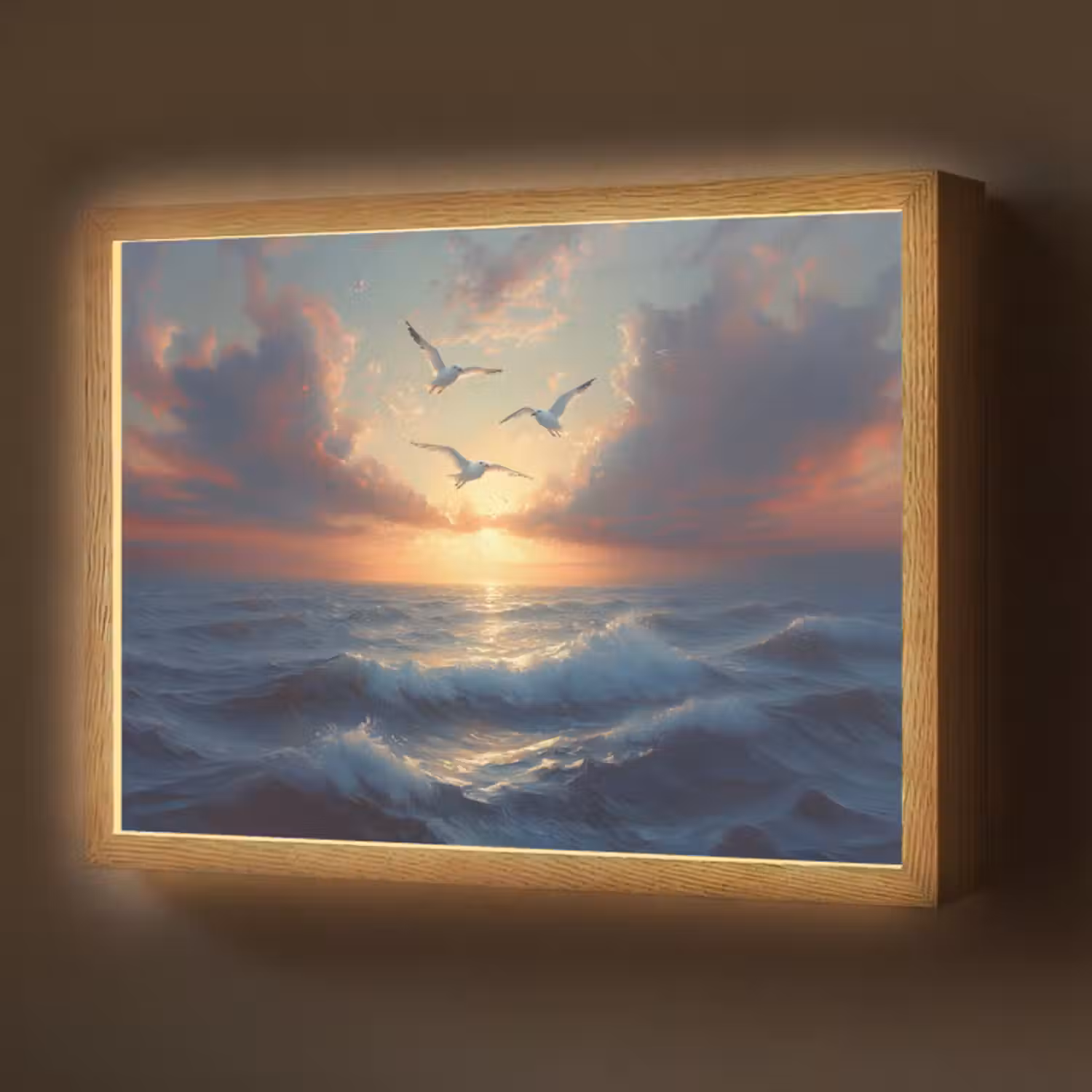 Lightbox - Wandlamp - Meeuwen - Zonsondergang - Zee - Wolken