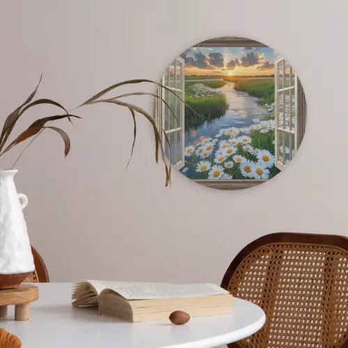 Doorkijk - Landschap - Raam - Water - Zonsondergang Akoestische PET Vilt - Rond klein -sfeer3