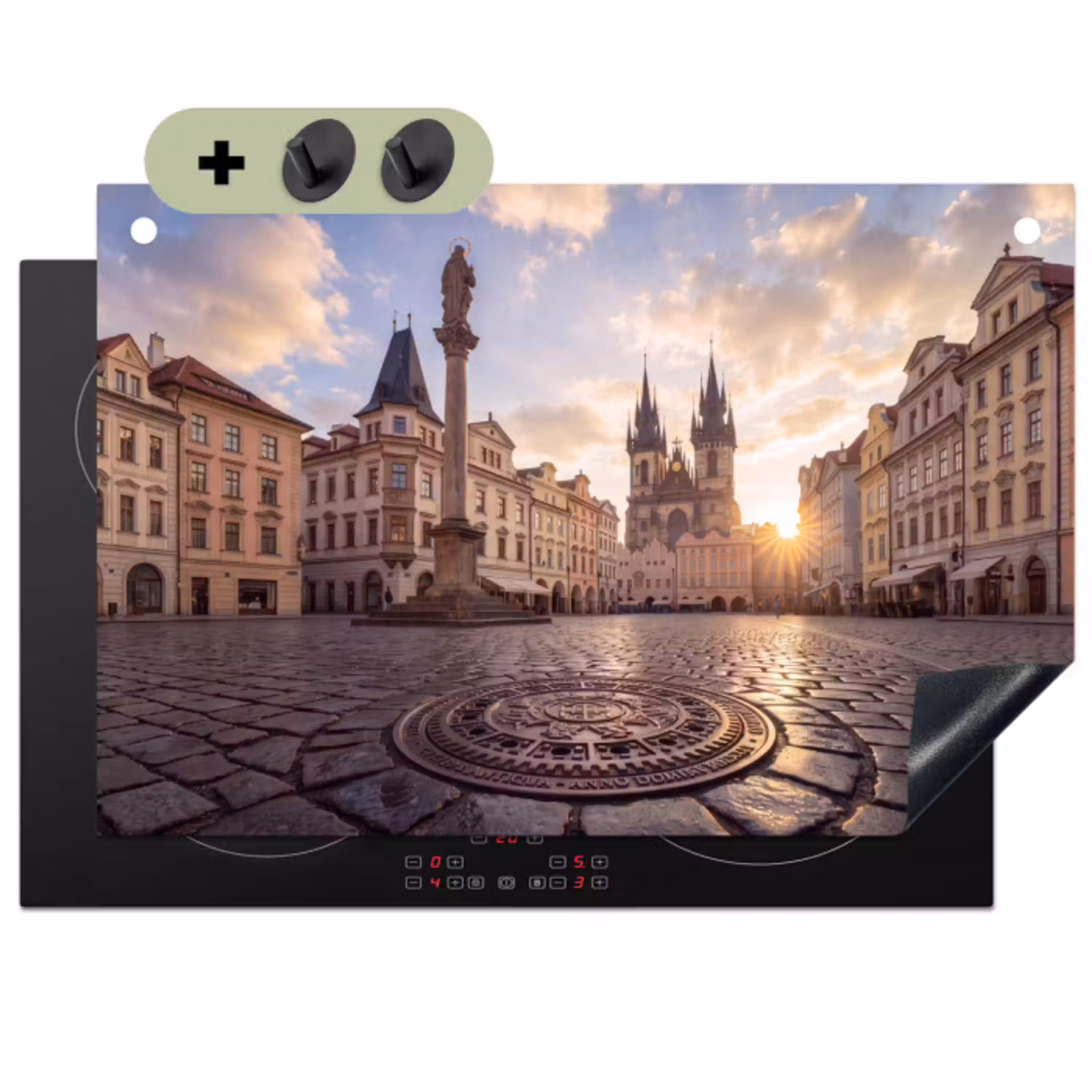 Stad - Praag - Ochtend - Architectuur - Goud Inductie beschemer met haakjes klein -3d