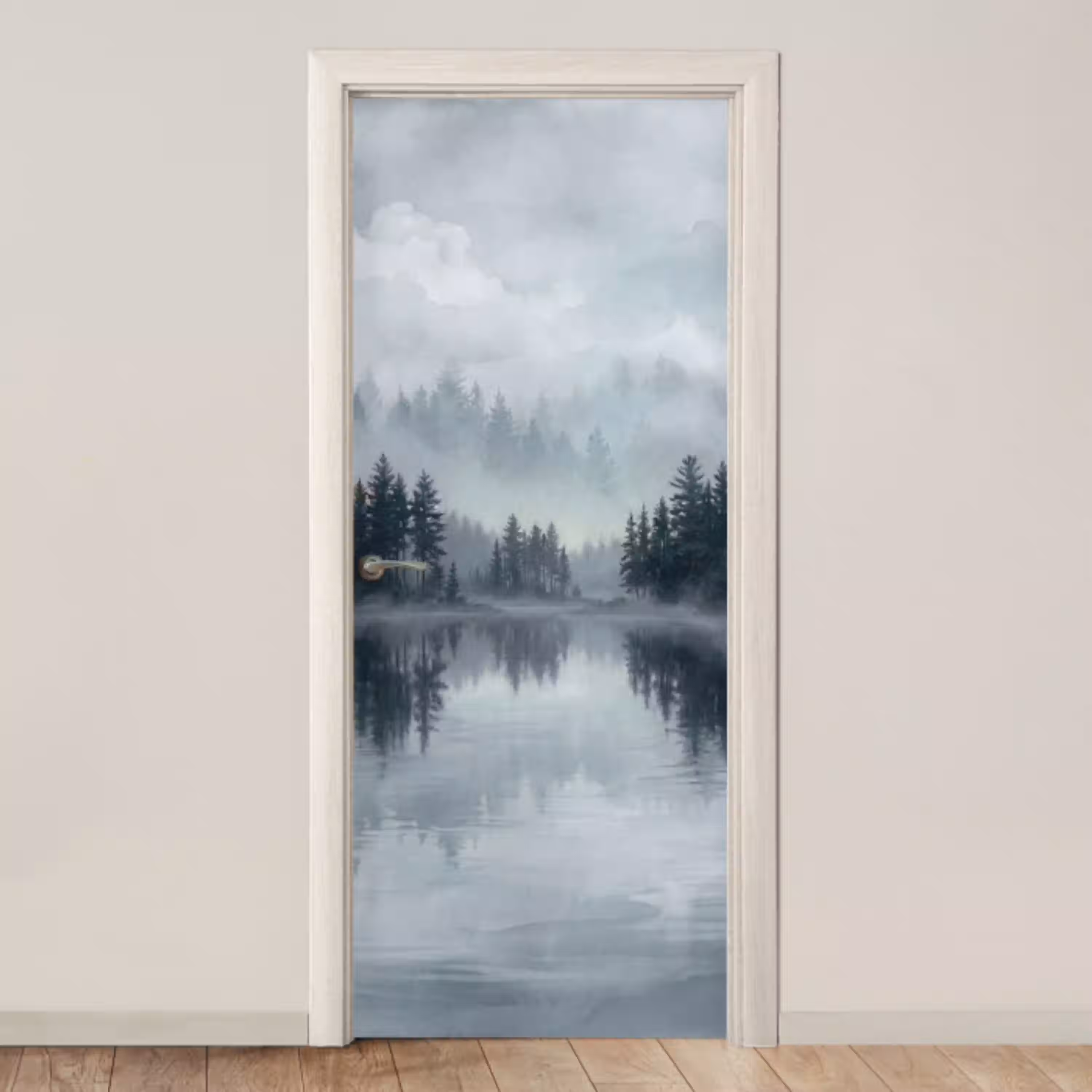 Bos - Meer - Mist - Natuur - Grijs deurposter klein -3d_beige