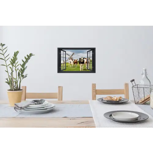 Doorkijk - Koe - Molen - Koeien - Weiland - Gras - Groen Muursticker klein -eettafel