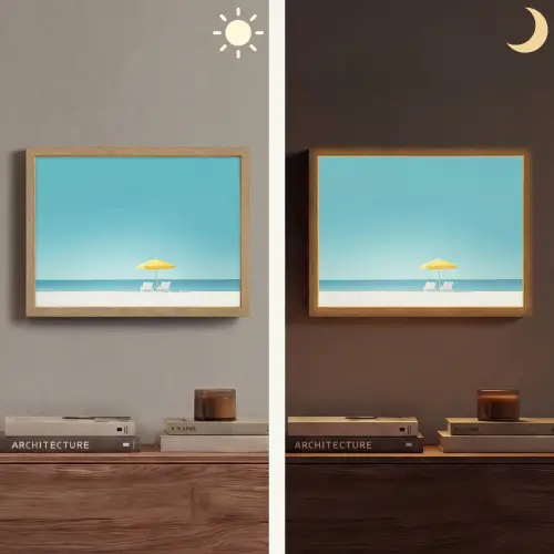Strand - Blauwe lucht - Geel - Parasol Light Box met batterij (Wandlamp) middel -sfeer3