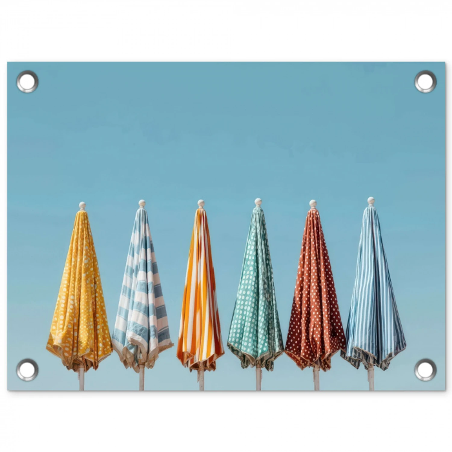 Strandparasols - Blauwe lucht - Kleurrijk tuinposter los doek klein -3d