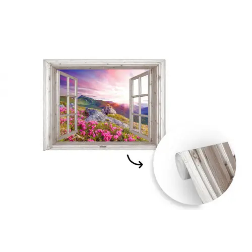 Bergen - Landschap - Doorkijk - Bloemen - Avond - Roze fotobehang vinyl groot -3d