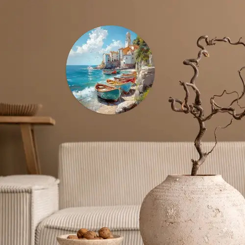 Boten - Rotsen - Zee - Zon Wandcirkel behangsticker klein -sfeer1