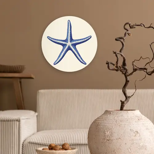 Blauwe zeester - Minimalistisch - Beige Wandcirkel kunststof plaat 5mm dik klein -sfeer1