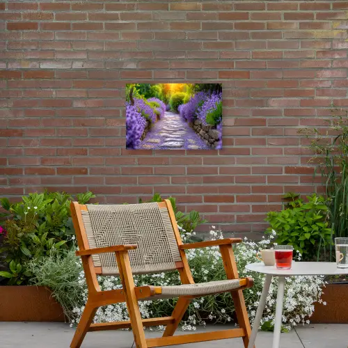 Lavendelpad bij zonsondergang Tuinposter op houten frame 2 cm dik klein -sfeer3
