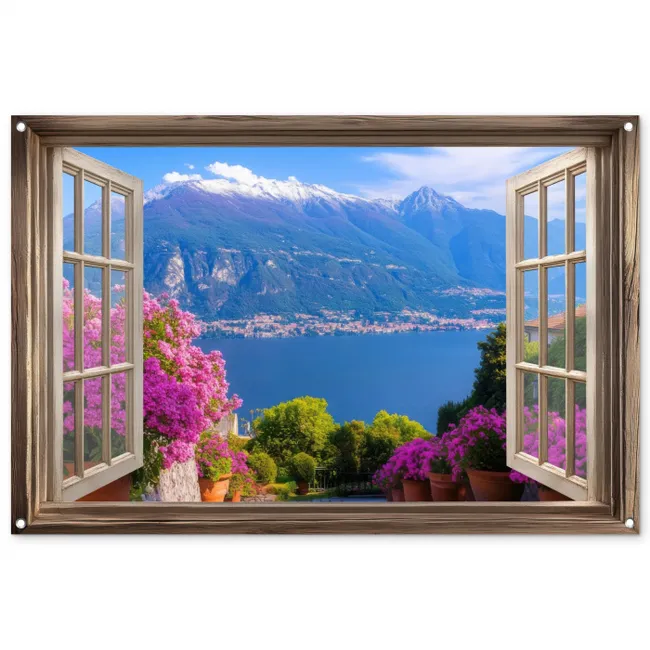 Tuinposter - Doorkijk - Berg - Landschap - Uitzicht - Meer
