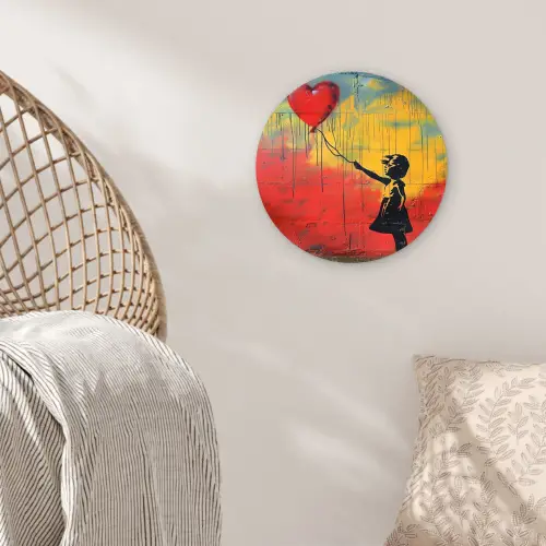 Banksy - Kunst - Graffiti - Meisje - Street art Wandcirkel kunststof plaat 5mm dik klein -sfeer5