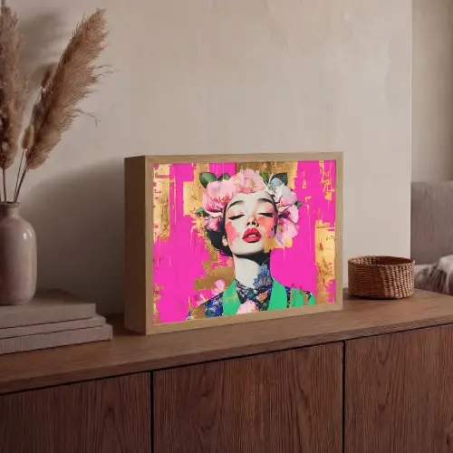 Bloemenkroon - Goud - Vrouw - Portret Light Box met batterij (Wandlamp) middel -sfeer2